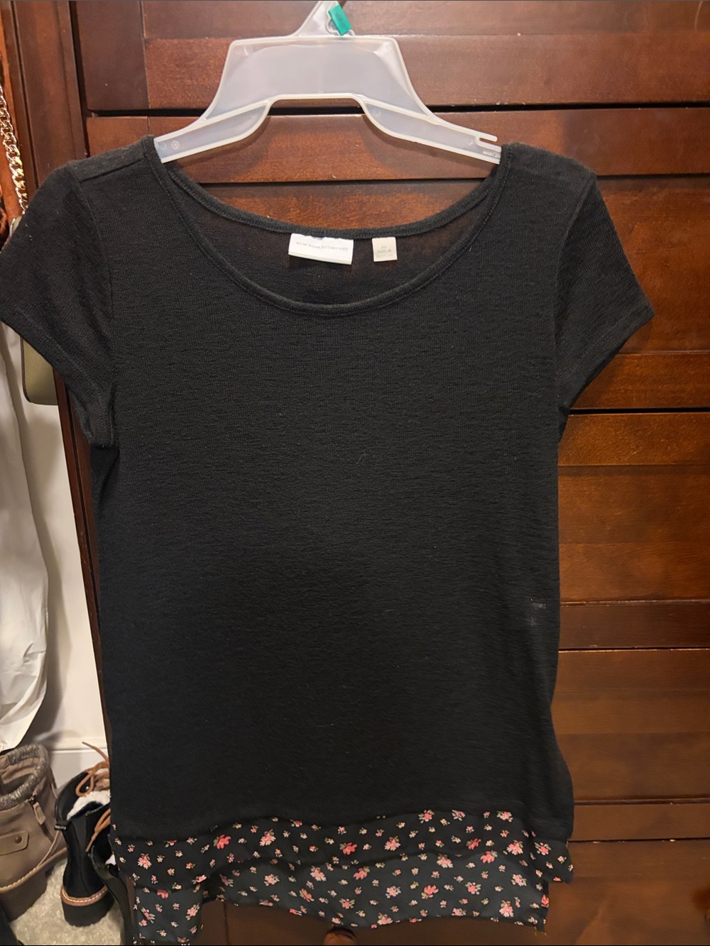 New York & Company Black Short-Sleeve Top with Pink Floral Layered Hem